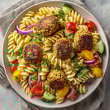 A close-up of the delicious spiral falafel pasta, highlighting the vibrant cherry tomatoes and fresh herbs.