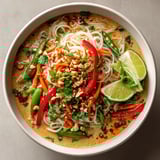 Steaming Thai Peanut Noodle Soup garnished with cilantro, lime wedges, and roasted peanuts.