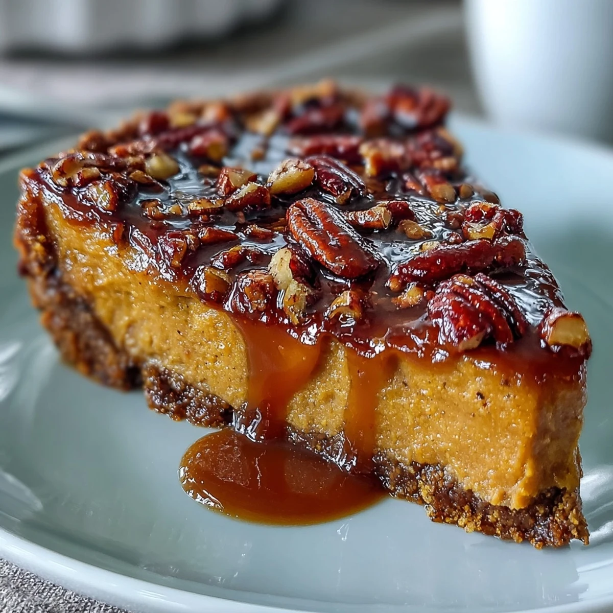 Silky sweet potato filling nestled in a buttery pecan crust, topped with caramelized pecans for a festive touch.  