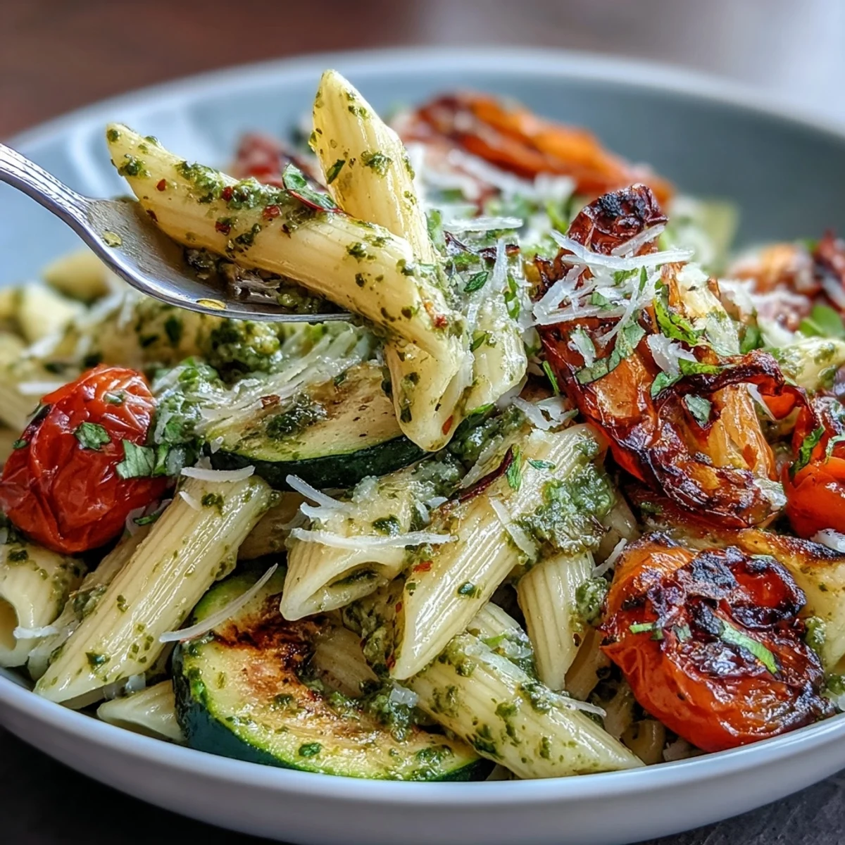 Vibrant roasted veggie and pesto pasta with cherry tomatoes in a creamy basil sauce, garnished with fresh basil and Parmesan.  