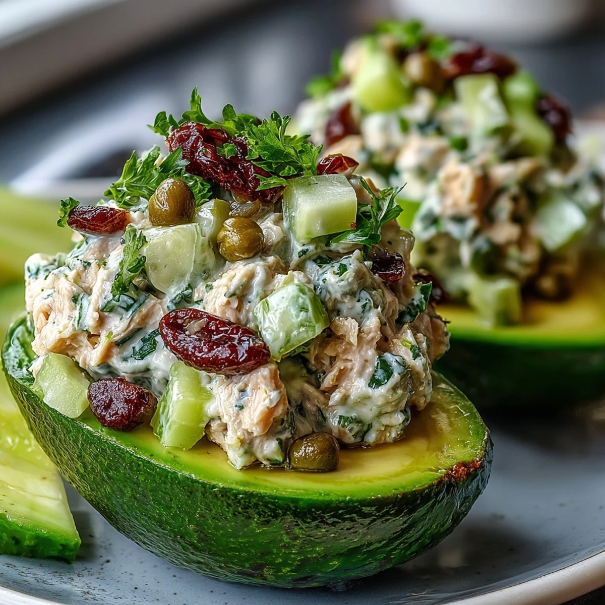 Vibrant vegan lunch featuring avocado boats filled with zesty chickpea salad, crunchy celery, and tangy capers.  
