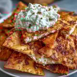 Golden-baked pita triangles paired with cool, refreshing tzatziki — ideal for summer gatherings.