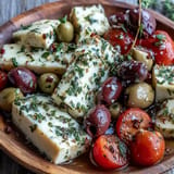 Savory Quick Manchego Cheese Tapas, showcasing nutty cheese, vibrant olives, and fresh herbs.