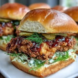 Juicy, hot honey chicken sandwich with crisp pickles, ready for a delicious bite.