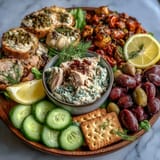 Artfully arranged tinned fish picnic board, bursting with fresh Mediterranean flavors and herbs.
