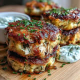 Flaky mackerel potato cakes, golden and tender, with a fresh dill yogurt drizzle.