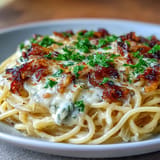 Delicious vegetarian Caramelized Cabbage Carbonara, golden and rich, a perfect pasta dinner.