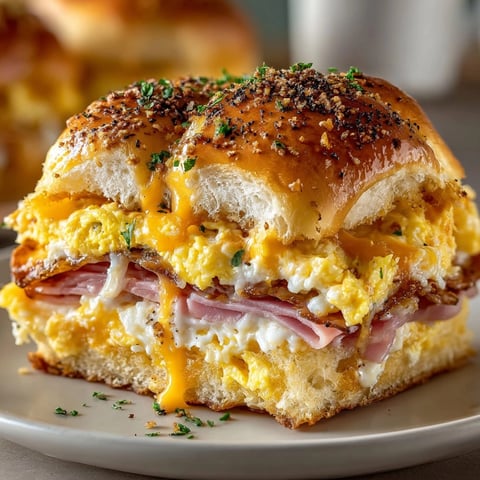 Golden, baked ham and cheese breakfast sliders with melted cheese and a buttery glaze.