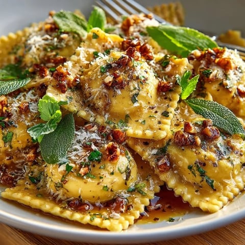 Acorn squash ravioli glistens with brown butter, Parmesan, and toasted hazelnuts, inviting a savory bite.