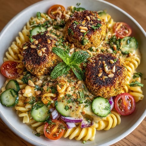 Golden-brown falafel nestled on a bed of flavorful falafel pasta with creamy tahini sauce.