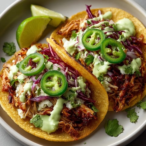 Avocado Lime Crema Chicken Tacos piled high with spicy chicken, creamy sauce, and fresh toppings.