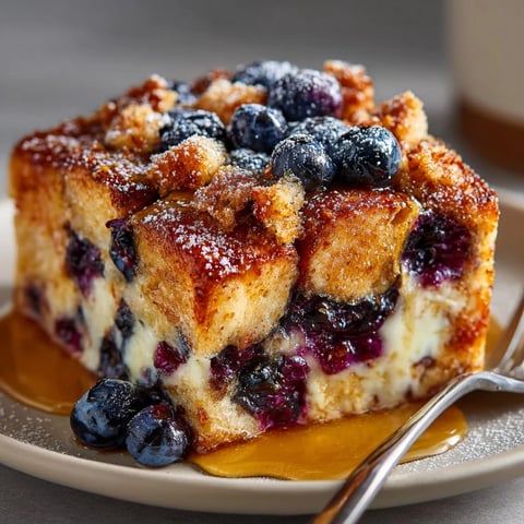 Golden Blueberry French Toast Bake fresh from the oven, warm breakfast casserole.