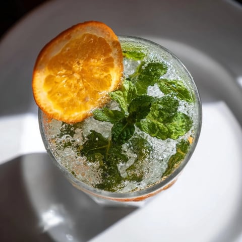 Refreshing probiotic soda mocktail garnished with orange slices and mint leaves.  