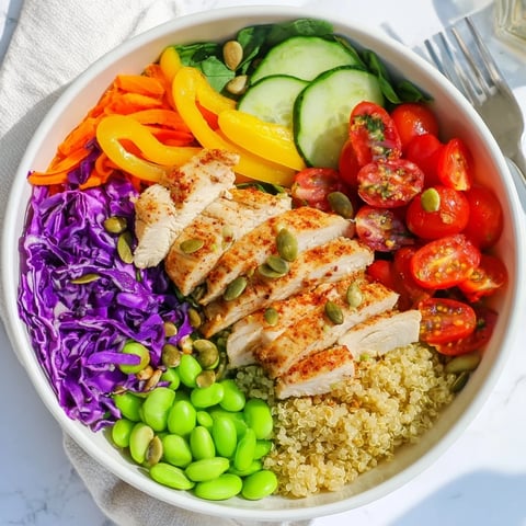 Vibrant healthy meal-prep bowls overflowing with colorful veggies and grilled chicken slices.  