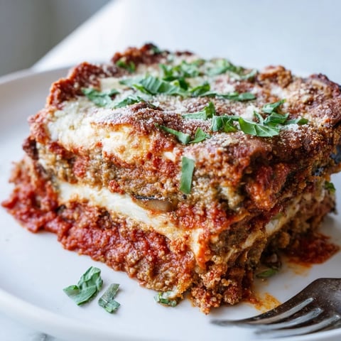 Luscious Eggplant Parmesan Lasagna layers rich cheese, savory sauce, and baked eggplant slices.  