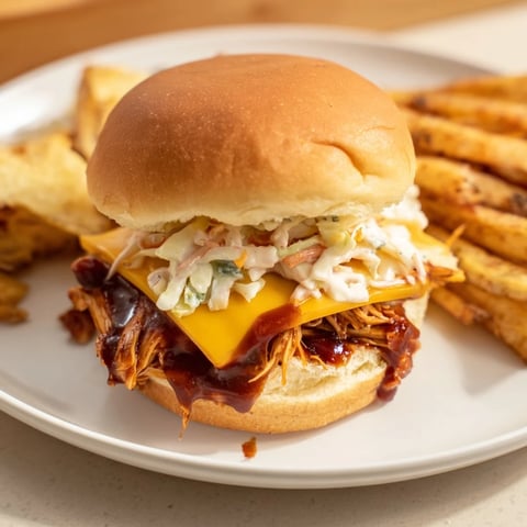 Golden-brown BBQ Chicken Sliders piled high with juicy chicken and coleslaw, alongside crispy fries.