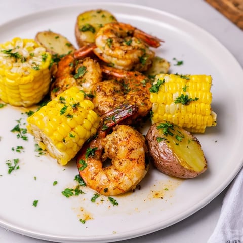 Golden-brown Cajun Shrimp & sweet corn platter with colorful bell peppers and roasted potatoes, ready to eat.