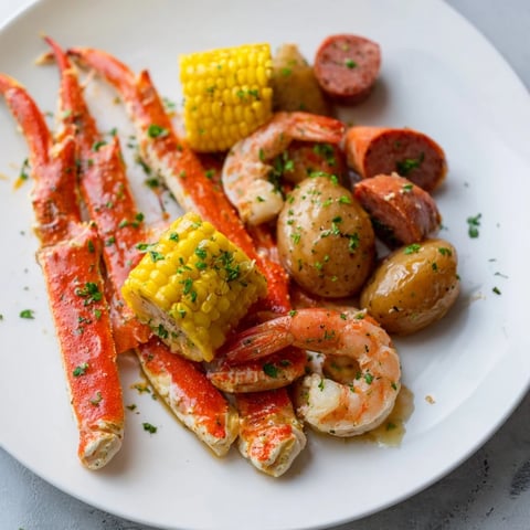 Steaming seafood boil with crab legs, shrimp, sausage, and corn, ready to devour with melted butter.
