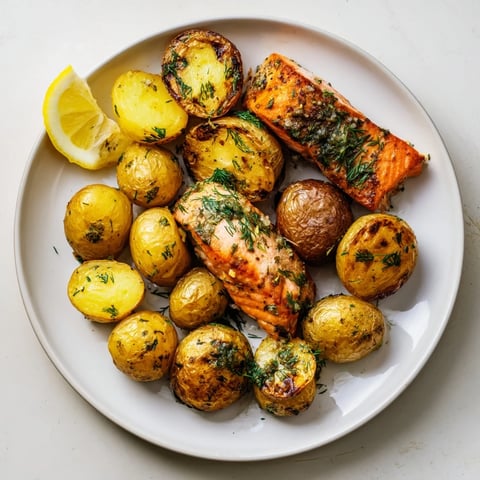 Golden, flaky Lemon Herb Salmon & Potato Sheet Pan with roasted potatoes and colorful bell peppers.