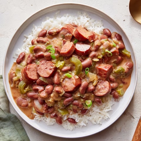 Steaming bowl of Red Beans & Rice, a flavorful Creole classic with andouille sausage and fluffy rice.