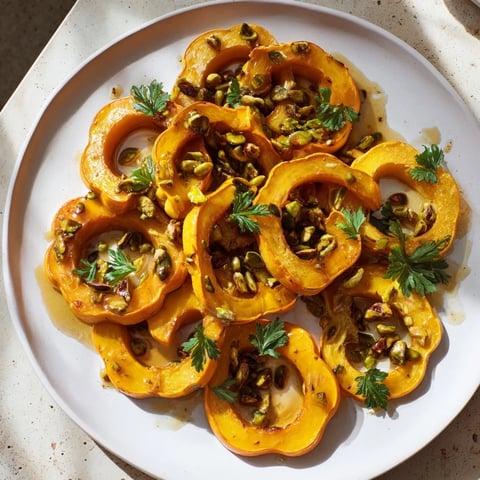 Golden brown Baked Delicata Squash Rings topped with crunchy pistachios, ready to serve.
