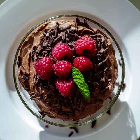 Silky avocado chocolate mousse, topped with vibrant red raspberries, inviting you to indulge.