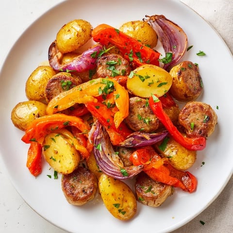 Sheet-Pan Sausage with Peppers showcases colorful roasted vegetables and sizzling, browned sausages, ready to eat.