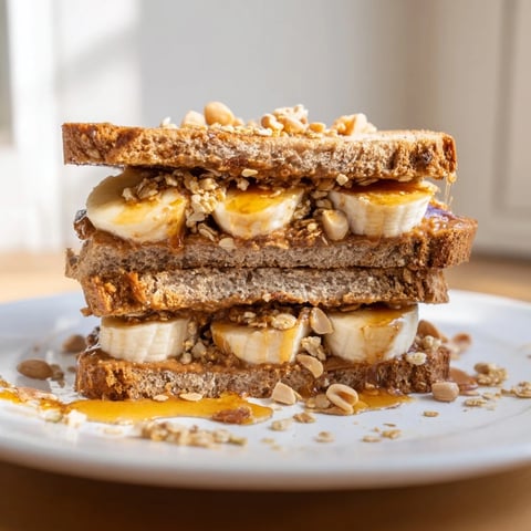 Golden peanut butter and banana sandwich, sliced and ready to eat, with crunchy toppings.