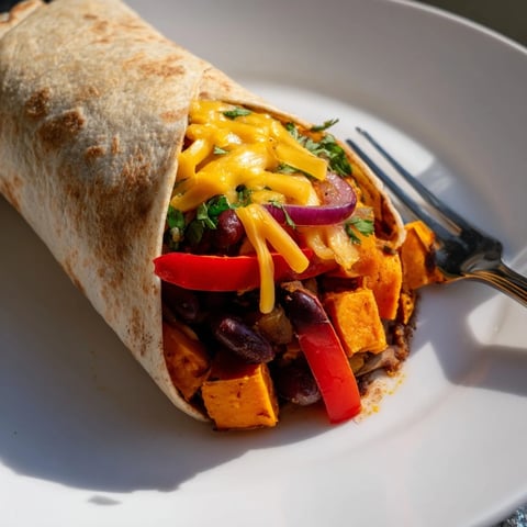Savory Sweet Potato & Black Bean Breakfast Burrito loaded with roasted vegetables, perfect for a hearty start.