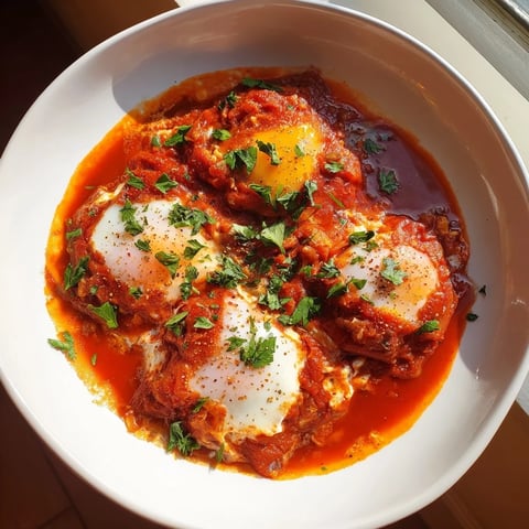 Vibrant Savoury Baked Eggs in Tomato Sauce, a hearty vegetarian brunch with runny yolks and fresh herbs.