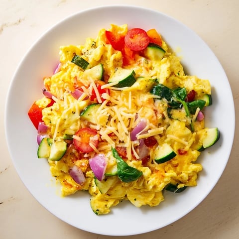 Sheet pan egg & veggie scramble: colorful vegetables and golden eggs, ready to serve for breakfast.