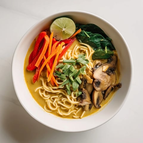 Steaming bowl of Curry Coconut Ramen, ready with fresh cilantro and lime wedges on top.