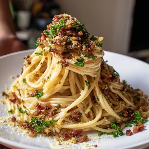 Golden Garlic Butter Pasta with crispy bacon, garnished with parsley, ready for serving.