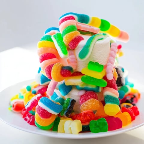 Vibrant Gummy Candy Kabobs, a colorful and playful dessert with assorted gummy treats threaded on a skewer.