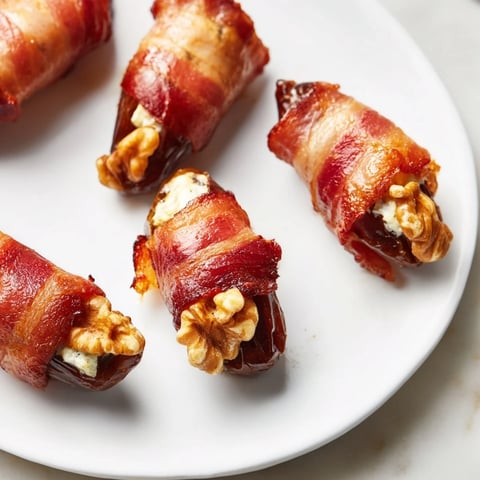 Golden-brown bacon-wrapped dates stuffed with creamy cheese and nuts, a savory appetizer.