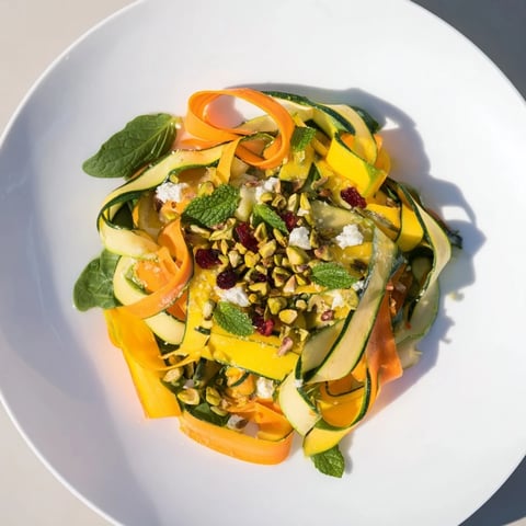 Vibrant Pistachio and Cranberry Ribbon Salad layered with colorful veggie ribbons, a festive, refreshing salad.