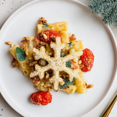 A close-up of Baked Goat Cheese Snowflake Tomato Basil Pasta, ready to serve with fresh basil.
