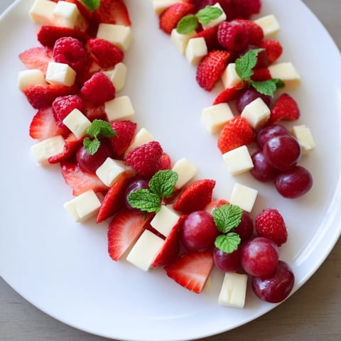 Candy Cane Stripe Fruit and Cheese platter with vibrant red fruits and white cheeses.