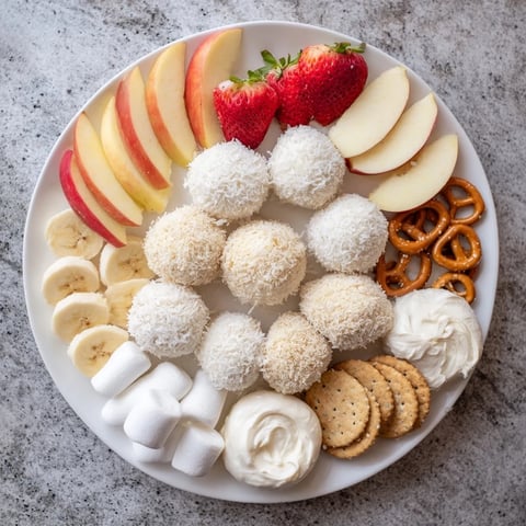 Creamy Marshmallow Snowball Dip Platter, a delightful dessert with vibrant fruits and crunchy pretzels.