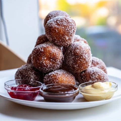 A mountain of fluffy powdered donut holes, a classic American dessert, ready to be enjoyed.