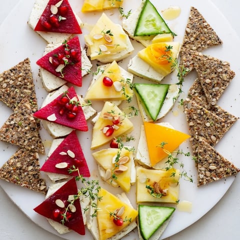 A vibrant The Tessellation Triangle appetizer board with colorful fruit, cheese, and vegetable triangles.