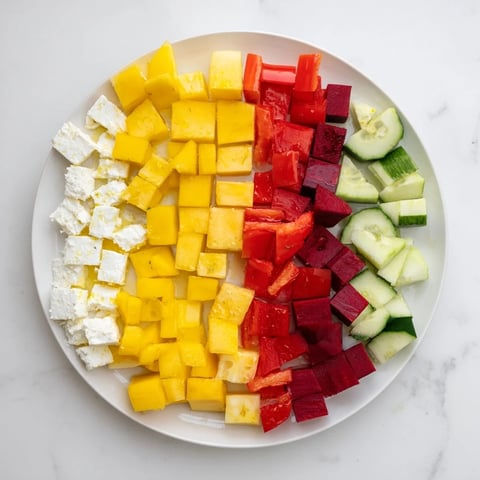 Close-up of vibrant Cube Geometry Study salad; colorful cubes artfully arranged on a platter.