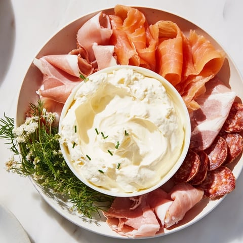 Compass Rose appetizer platter with arranged meats, creamy dip, and vibrant garnishes for guests.