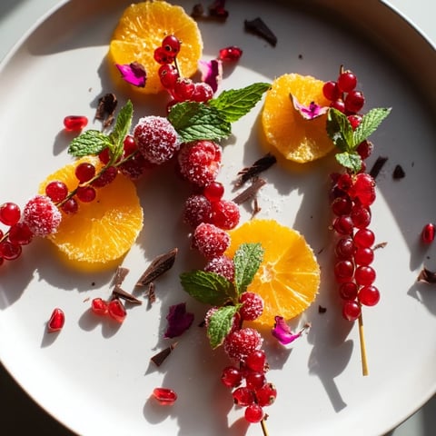 Fresh, colorful Baisers de Minuit cocktail garnishes with sugared citrus slices and vibrant fruit skewers.