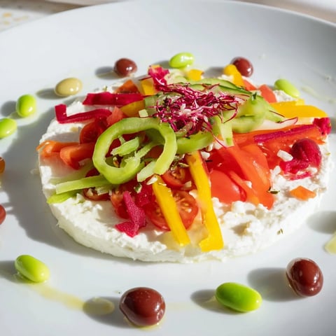 A vibrant, colorful photo of The Prism Burst salad, with fresh vegetables and fruits on display.