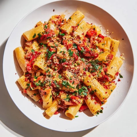 A close-up of One-Pot Diavola Spicy Pasta, with red pepper flakes and fresh basil.