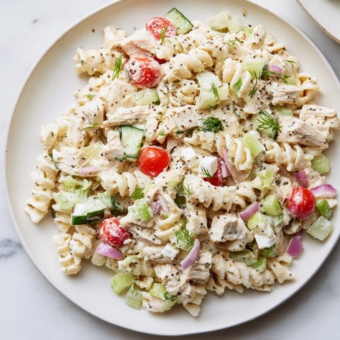 Everything Bagel Chicken Pasta Salad: a creamy, flavorful cold salad with chicken, vegetables, and seasoning.