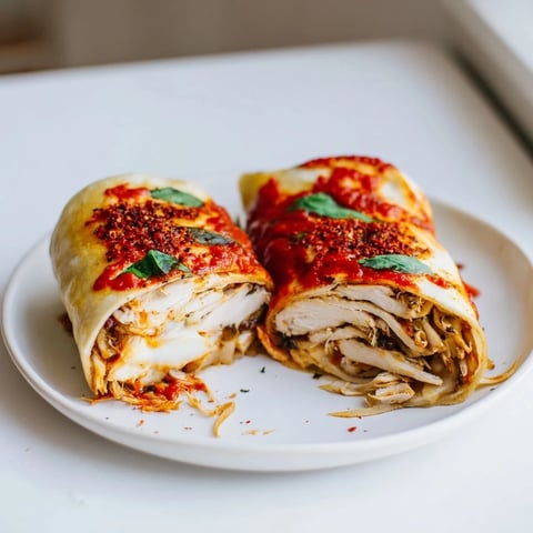 Golden, crispy Tortilla Pizza Wrap with seasoned chicken, melty mozzarella, and marinara sauce inside.