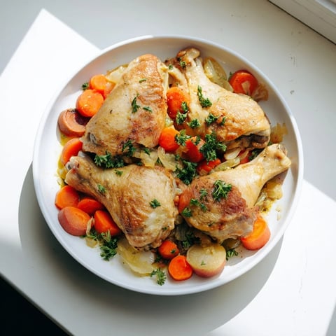 Georgia Pot Roast Chicken simmering in a Dutch oven with tender chicken and glistening, sweet onions, ready to serve.