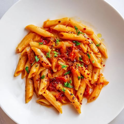 Steaming bowl of penne all'arrabbiata: vibrant red sauce coats perfectly cooked pasta, ready to enjoy.